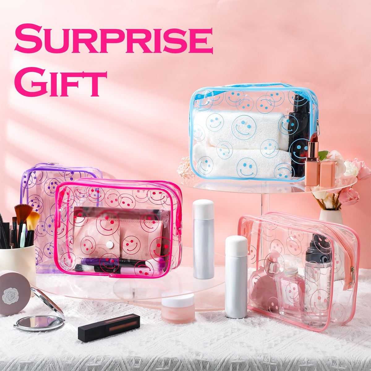 Cunno 6 Pcs Makeup Bags Gifts for Women Preppy Boho Smile Face Flamingo Clear Makeup Bags Cosmetic Transparent PVC Travel Toiletry Organizer for Birthday Party Favor(Smile Style) - thewildfolk Cunno 6 Pcs Makeup Bags Gifts for Women Preppy Boho Smile Face Flamingo Clear Makeup Bags Cosmetic Transparent PVC Travel Toiletry Organizer for Birthday Party Favor(Smile Style)