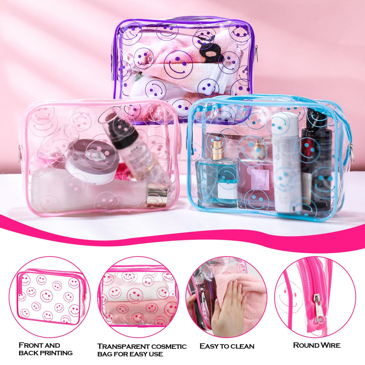 Cunno 6 Pcs Makeup Bags Gifts for Women Preppy Boho Smile Face Flamingo Clear Makeup Bags Cosmetic Transparent PVC Travel Toiletry Organizer for Birthday Party Favor(Smile Style) - thewildfolk Cunno 6 Pcs Makeup Bags Gifts for Women Preppy Boho Smile Face Flamingo Clear Makeup Bags Cosmetic Transparent PVC Travel Toiletry Organizer for Birthday Party Favor(Smile Style)