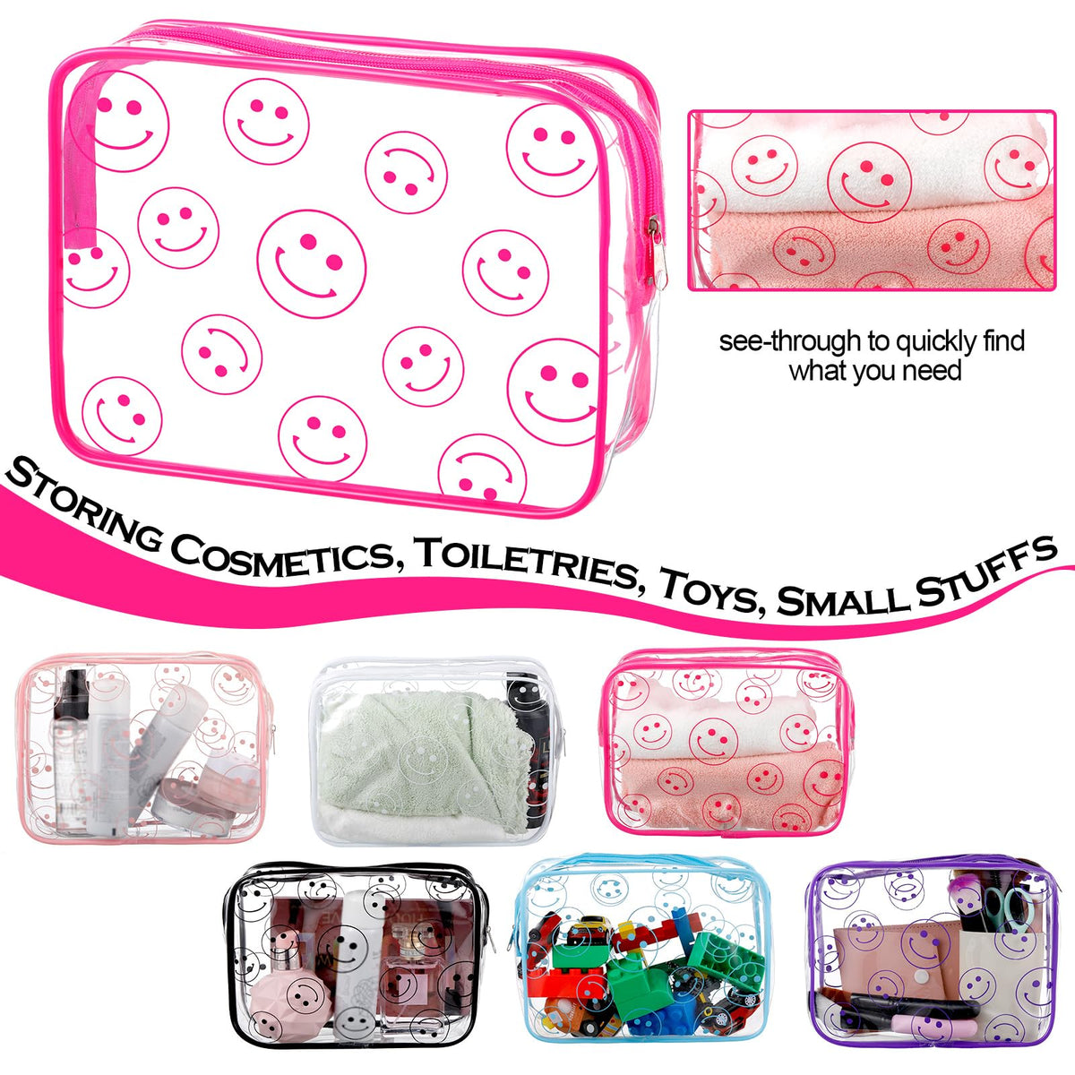 Cunno 6 Pcs Makeup Bags Gifts for Women Preppy Boho Smile Face Flamingo Clear Makeup Bags Cosmetic Transparent PVC Travel Toiletry Organizer for Birthday Party Favor(Smile Style) - thewildfolk Cunno 6 Pcs Makeup Bags Gifts for Women Preppy Boho Smile Face Flamingo Clear Makeup Bags Cosmetic Transparent PVC Travel Toiletry Organizer for Birthday Party Favor(Smile Style)