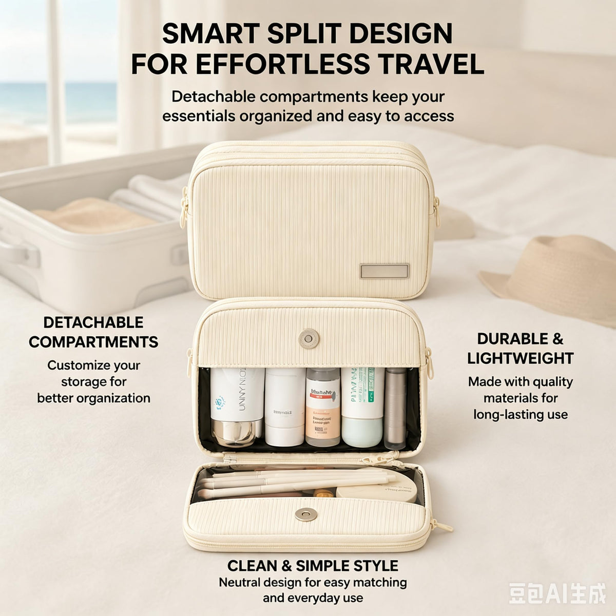 Detachable Travel Makeup Bag,2-in-1 Lay-Flat Cosmetic Organizer Women - thewildfolk Detachable Travel Makeup Bag,2-in-1 Lay-Flat Cosmetic Organizer Women