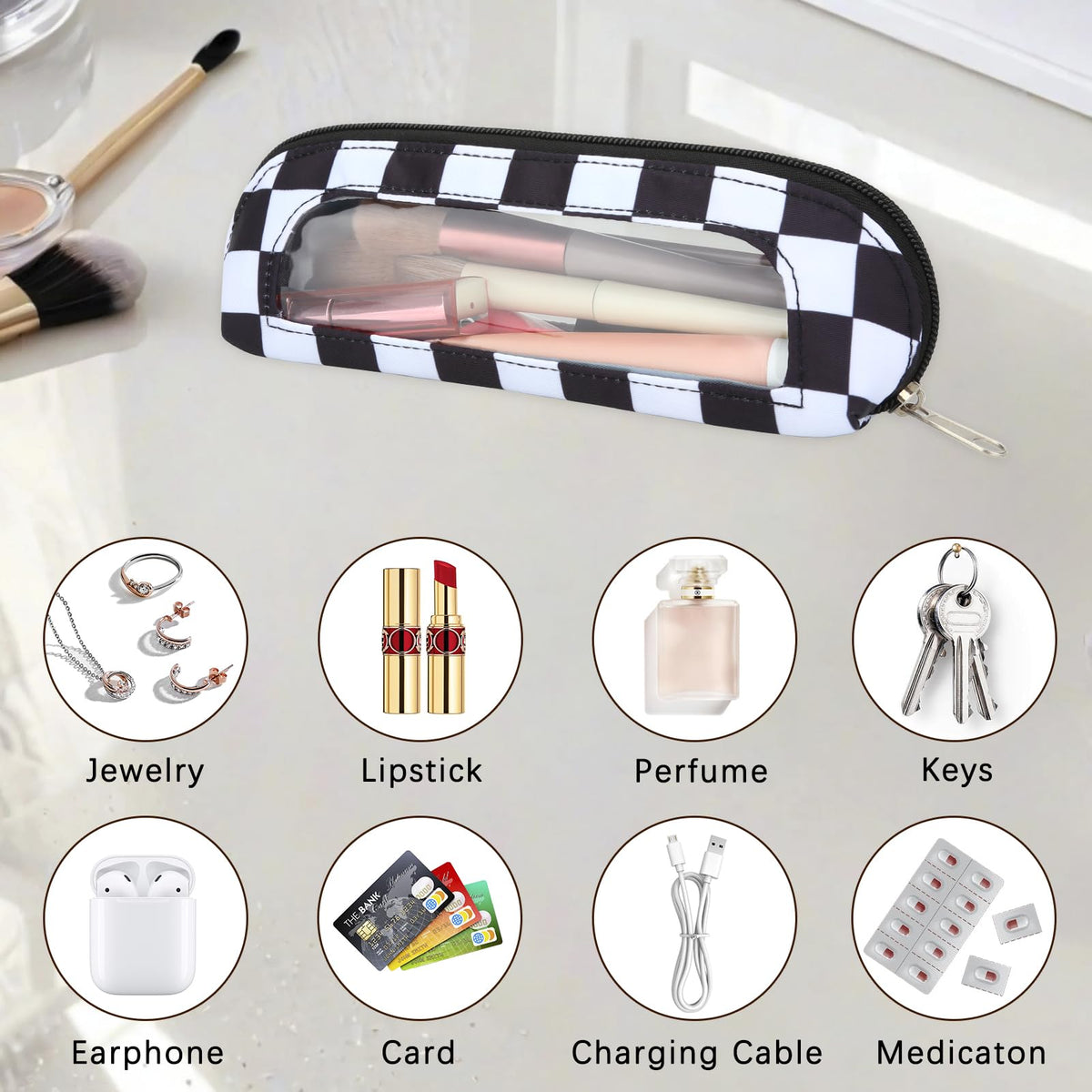 DOB SECHS Small Clear Makeup Bag for Purse Mini Checkered Brush Pouch for Travel Nylon Travel Cosmetic Organizer Pouches Holder Pencil Bag with Zipper Double Sided Clear Make-up Bags - thewildfolk DOB SECHS Small Clear Makeup Bag for Purse Mini Checkered Brush Pouch for Travel Nylon Travel Cosmetic Organizer Pouches Holder Pencil Bag with Zipper Double Sided Clear Make-up Bags