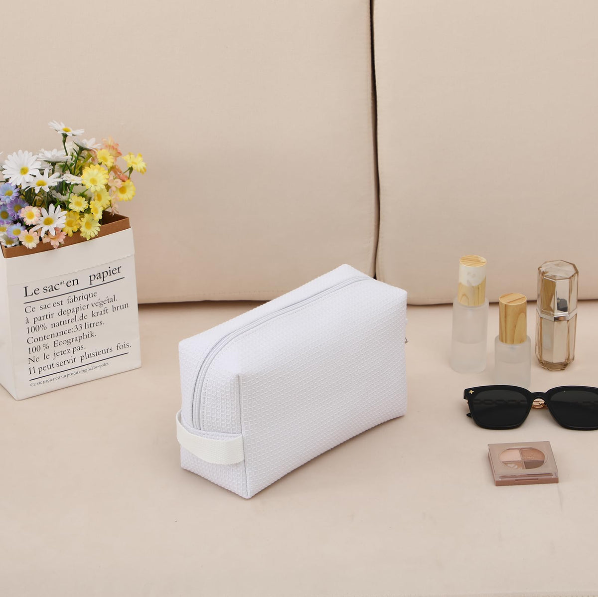 DYSHAYEN Small Waffle Makeup Bag for Travel, White - thewildfolk DYSHAYEN Small Waffle Makeup Bag for Travel, White