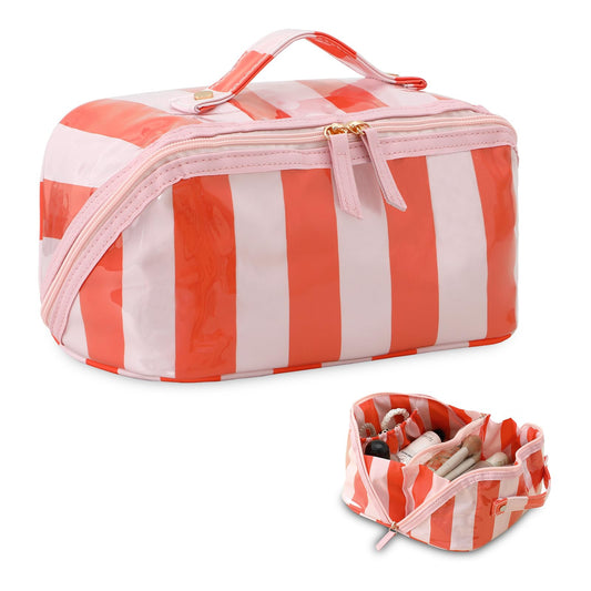 DYSHAYEN Travel Makeup Bag, Pink and Orange Striped - thewildfolk DYSHAYEN Travel Makeup Bag, Pink and Orange Striped