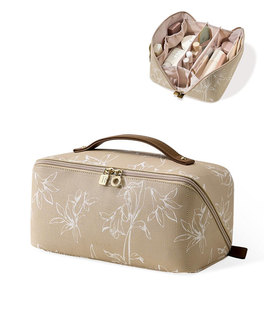 EACHY Travel Makeup Bag, Floral Cosmetic Bag for Women, Brown, Large - thewildfolk EACHY Travel Makeup Bag, Floral Cosmetic Bag for Women, Brown, Large