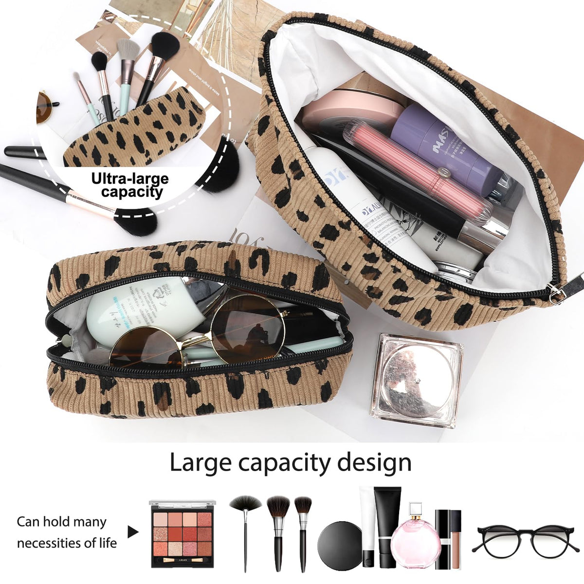 EIMMBD Makeup Bag 3 Pieces Large Capacity Cosmetic Bags Travel Toiletry Bag Organizer Cute Makeup Pouch Storage for Women(Brown Leopard) - thewildfolk EIMMBD Makeup Bag 3 Pieces Large Capacity Cosmetic Bags Travel Toiletry Bag Organizer Cute Makeup Pouch Storage for Women(Brown Leopard)