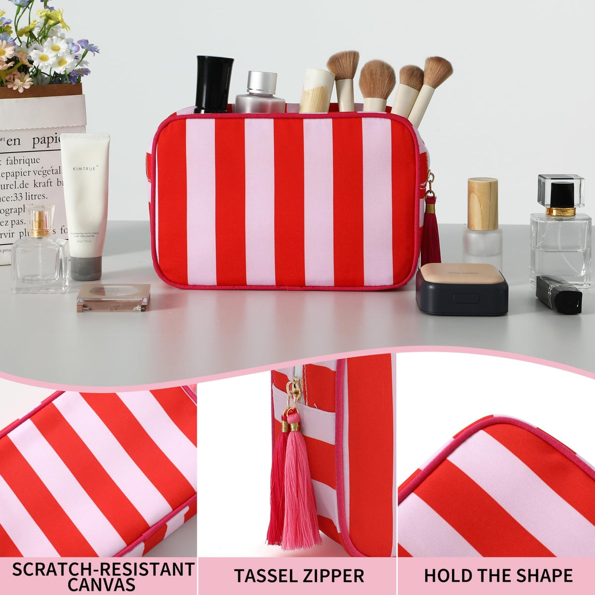 EMBRUNIOICE Travel Striped Makeup Bag, Red and Pink - thewildfolk EMBRUNIOICE Travel Striped Makeup Bag, Red and Pink