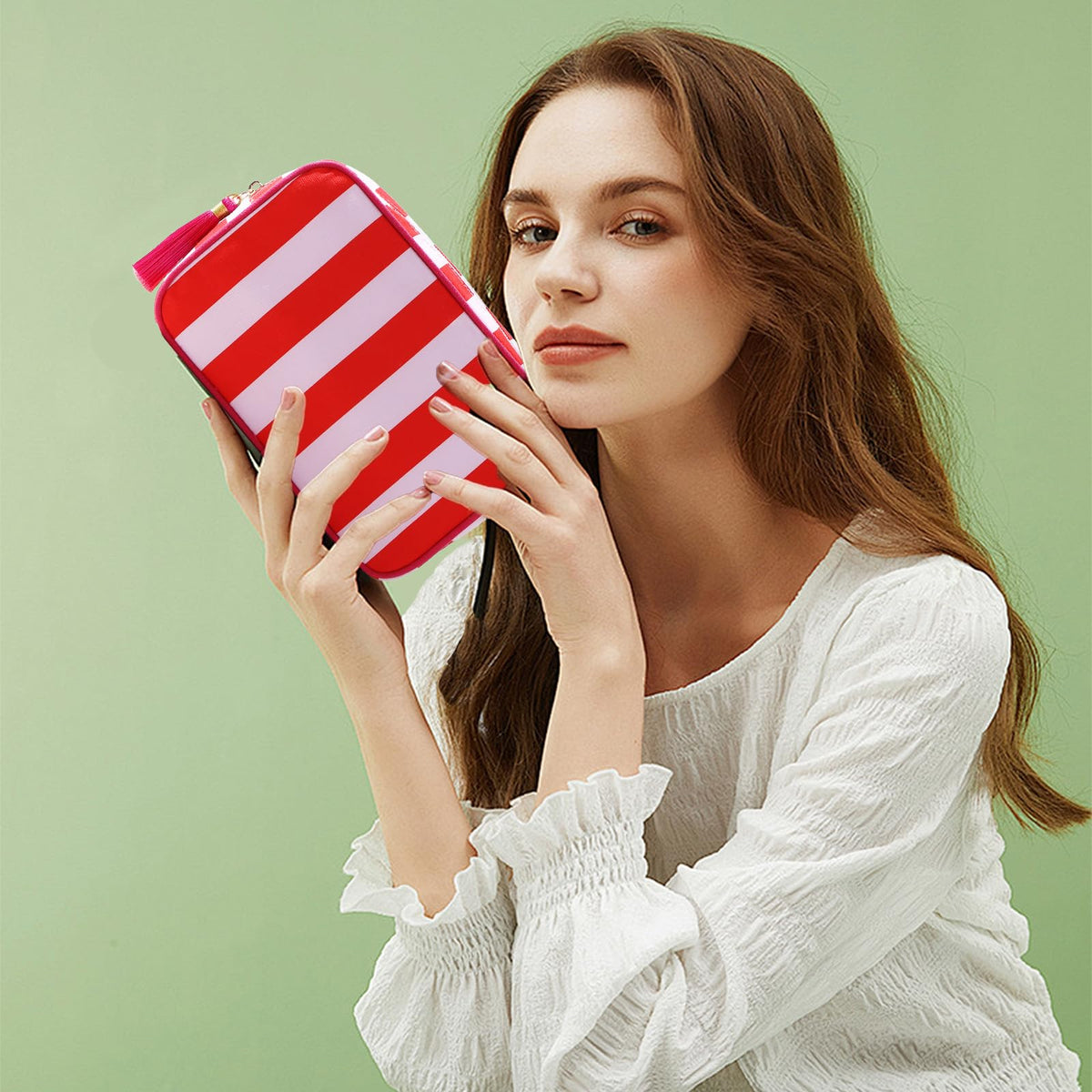 EMBRUNIOICE Travel Striped Makeup Bag, Red and Pink - thewildfolk EMBRUNIOICE Travel Striped Makeup Bag, Red and Pink