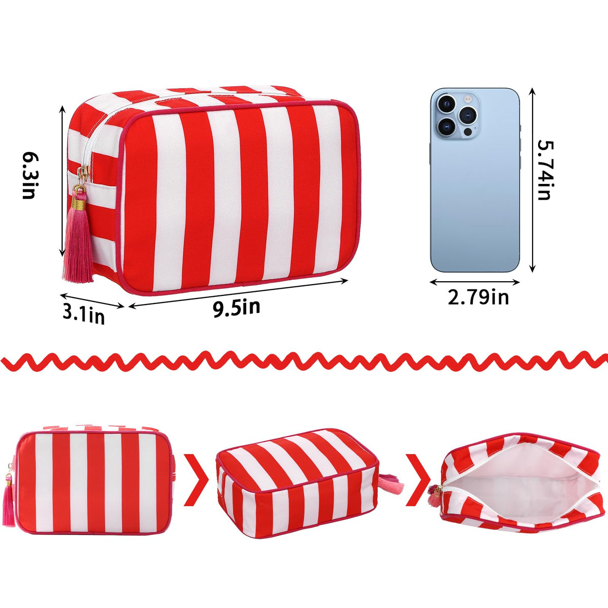 EMBRUNIOICE Travel Striped Makeup Bag, Red and Pink - thewildfolk EMBRUNIOICE Travel Striped Makeup Bag, Red and Pink
