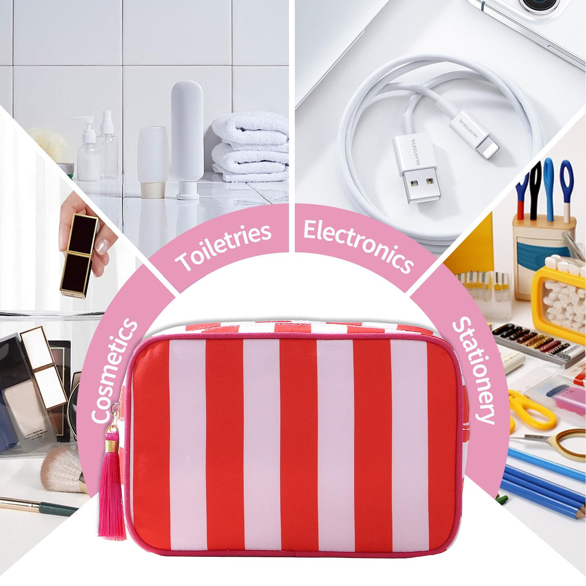 EMBRUNIOICE Travel Striped Makeup Bag, Red and Pink - thewildfolk EMBRUNIOICE Travel Striped Makeup Bag, Red and Pink