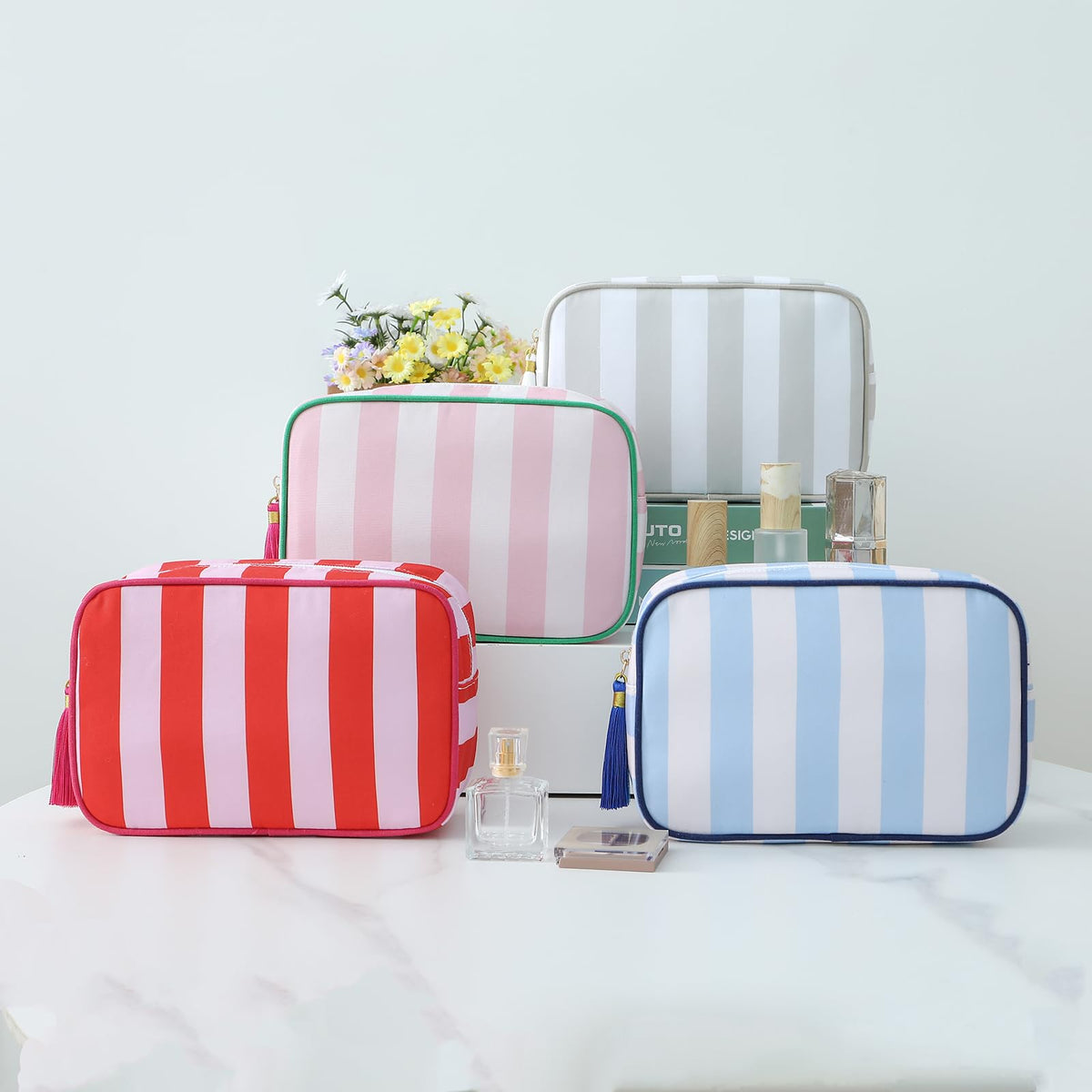 EMBRUNIOICE Travel Striped Makeup Bag, Red and Pink - thewildfolk EMBRUNIOICE Travel Striped Makeup Bag, Red and Pink