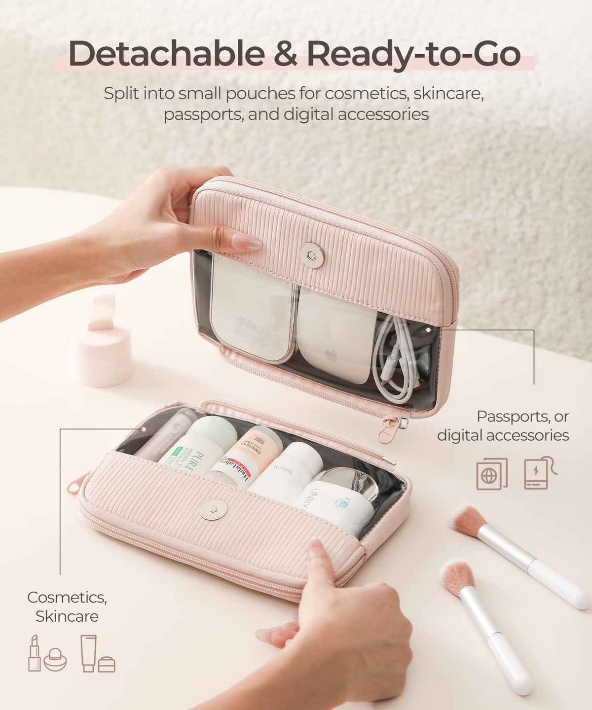 EPEDAL24 Preppy Makeup Bag, Rectangle Double Detachable Cosmetic Organizer, Clear Side Panel Portable Travel Pouches for In-Flight Essentials, Beauty & Tech Accessories, Gift for Women - thewildfolk EPEDAL24 Preppy Makeup Bag, Rectangle Double Detachable Cosmetic Organizer, Clear Side Panel Portable Travel Pouches for In-Flight Essentials, Beauty & Tech Accessories, Gift for Women