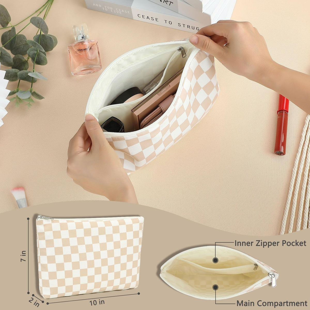 Fammart Checkered Makeup Bag, Travel Cosmetic Bag Organizer Toiletry Bag Make Up Bags with Zipper & Compartments for Women Girls - thewildfolk Fammart Checkered Makeup Bag, Travel Cosmetic Bag Organizer Toiletry Bag Make Up Bags with Zipper & Compartments for Women Girls
