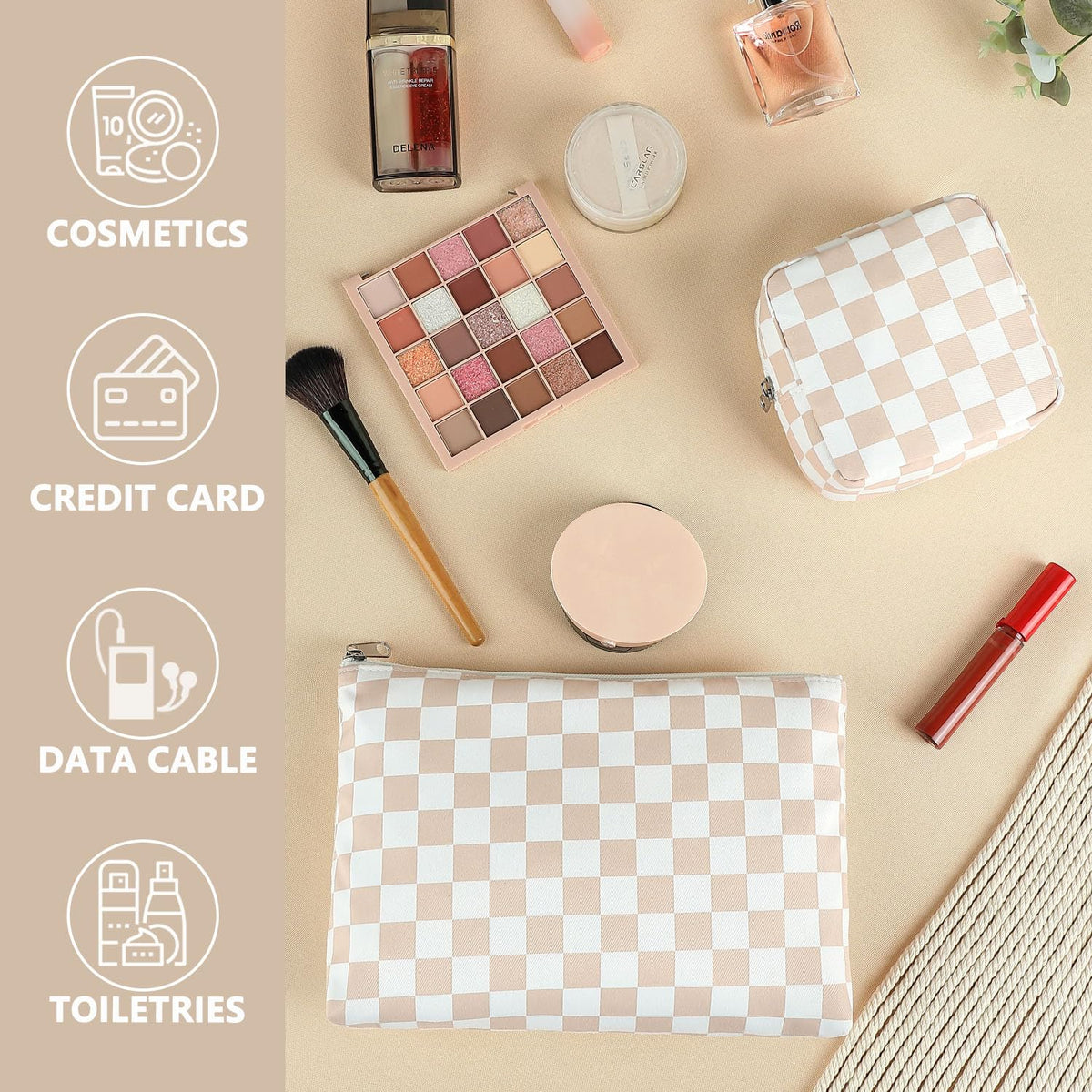 Fammart Checkered Makeup Bag, Travel Cosmetic Bag Organizer Toiletry Bag Make Up Bags with Zipper & Compartments for Women Girls - thewildfolk Fammart Checkered Makeup Bag, Travel Cosmetic Bag Organizer Toiletry Bag Make Up Bags with Zipper & Compartments for Women Girls
