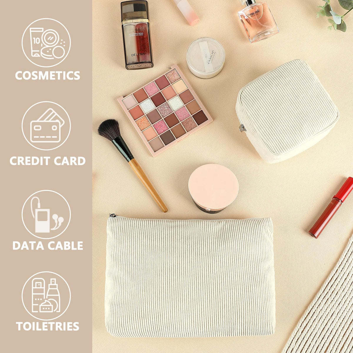 Fammart Corduroy Makeup Bag, Travel Cosmetic Bag Organizer Toiletry Bag Make Up Bags with Zipper & Compartments for Women Girls - thewildfolk Fammart Corduroy Makeup Bag, Travel Cosmetic Bag Organizer Toiletry Bag Make Up Bags with Zipper & Compartments for Women Girls