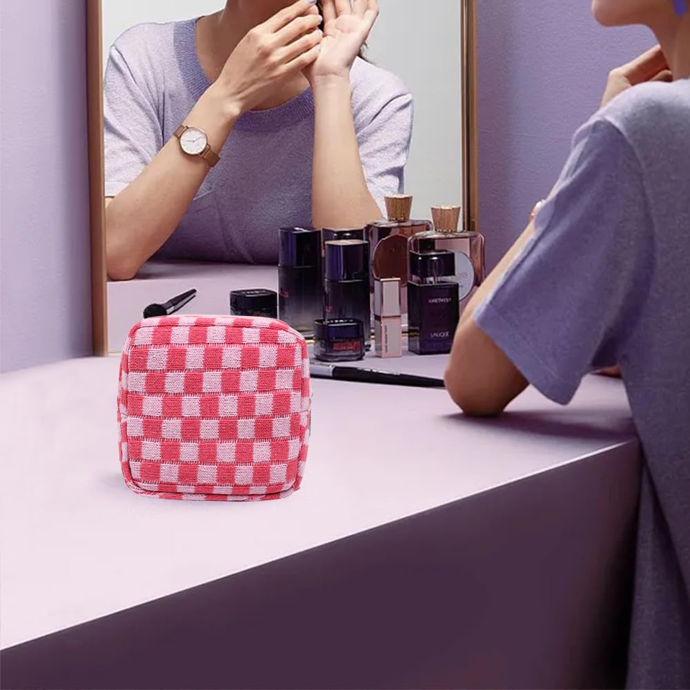 FFpaw Small Pink Makeup Bag for Purse, Mini Checkered Cosmetic Bag Zipper Cute Make Up Pouch Travel Toiletry Case Quilted Aesthetic Accessories Makeup Storage Bag Organizer for Women Girls - thewildfolk FFpaw Small Pink Makeup Bag for Purse, Mini Checkered Cosmetic Bag Zipper Cute Make Up Pouch Travel Toiletry Case Quilted Aesthetic Accessories Makeup Storage Bag Organizer for Women Girls