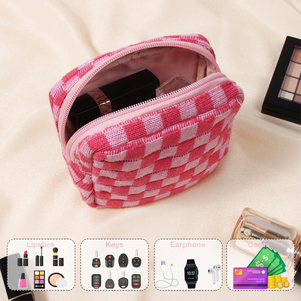 FFpaw Small Pink Makeup Bag for Purse, Mini Checkered Cosmetic Bag Zipper Cute Make Up Pouch Travel Toiletry Case Quilted Aesthetic Accessories Makeup Storage Bag Organizer for Women Girls - thewildfolk FFpaw Small Pink Makeup Bag for Purse, Mini Checkered Cosmetic Bag Zipper Cute Make Up Pouch Travel Toiletry Case Quilted Aesthetic Accessories Makeup Storage Bag Organizer for Women Girls