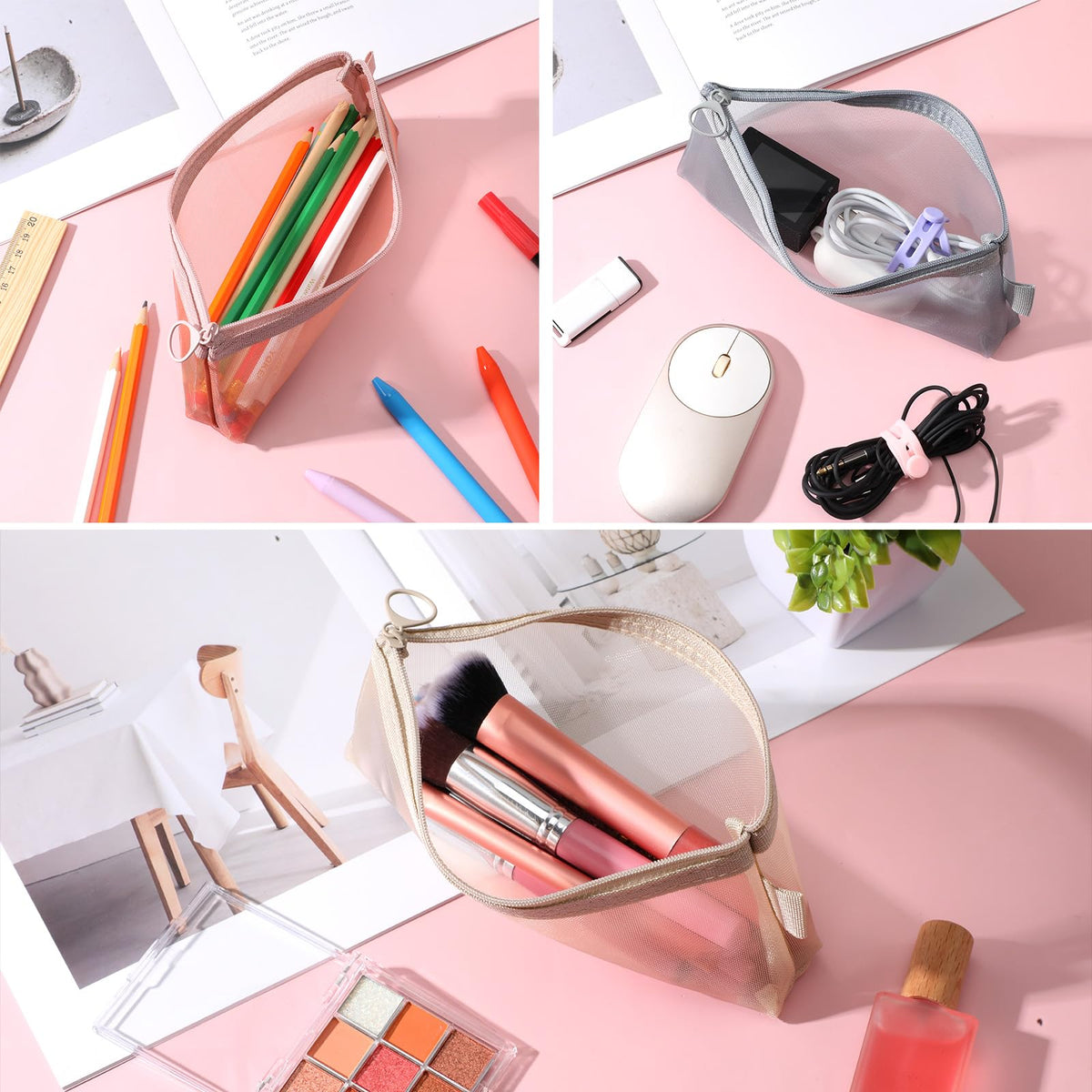 Fibraze 3 PCS Makeup Brush Pouch, Mesh Makeup Bag, Nylon Zipper Pouch, Mesh Makeups Brush Bag, Portable Clear Travel Cosmetic Bags, Small Organizer for Home Office Accessories - thewildfolk Fibraze 3 PCS Makeup Brush Pouch, Mesh Makeup Bag, Nylon Zipper Pouch, Mesh Makeups Brush Bag, Portable Clear Travel Cosmetic Bags, Small Organizer for Home Office Accessories
