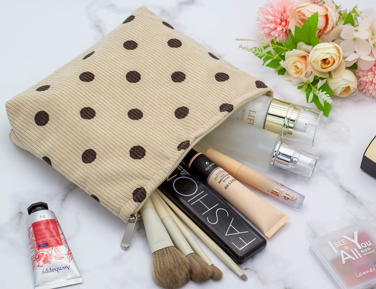 Flat Makeup Bag for Women,Zipper Cosmetic Pouch for Purse,Polka Dot Beige - thewildfolk Flat Makeup Bag for Women,Zipper Cosmetic Pouch for Purse,Polka Dot Beige