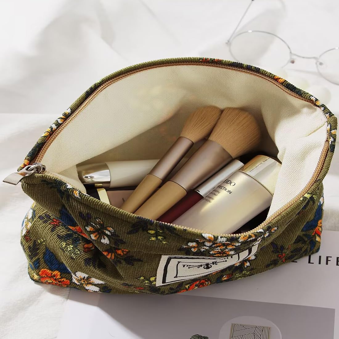 Floral Makeup Bags for Women, Large Cosmetic Pouch for Purse, Dark Green - thewildfolk Floral Makeup Bags for Women, Large Cosmetic Pouch for Purse, Dark Green