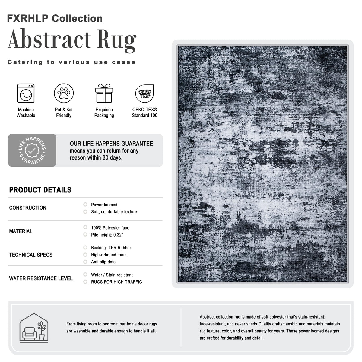 FXRHLP 5x7 Area Rug Living Room: Modern Washable Indoor Carpet Black - thewildfolk FXRHLP 5x7 Area Rug Living Room: Modern Washable Indoor Carpet Black