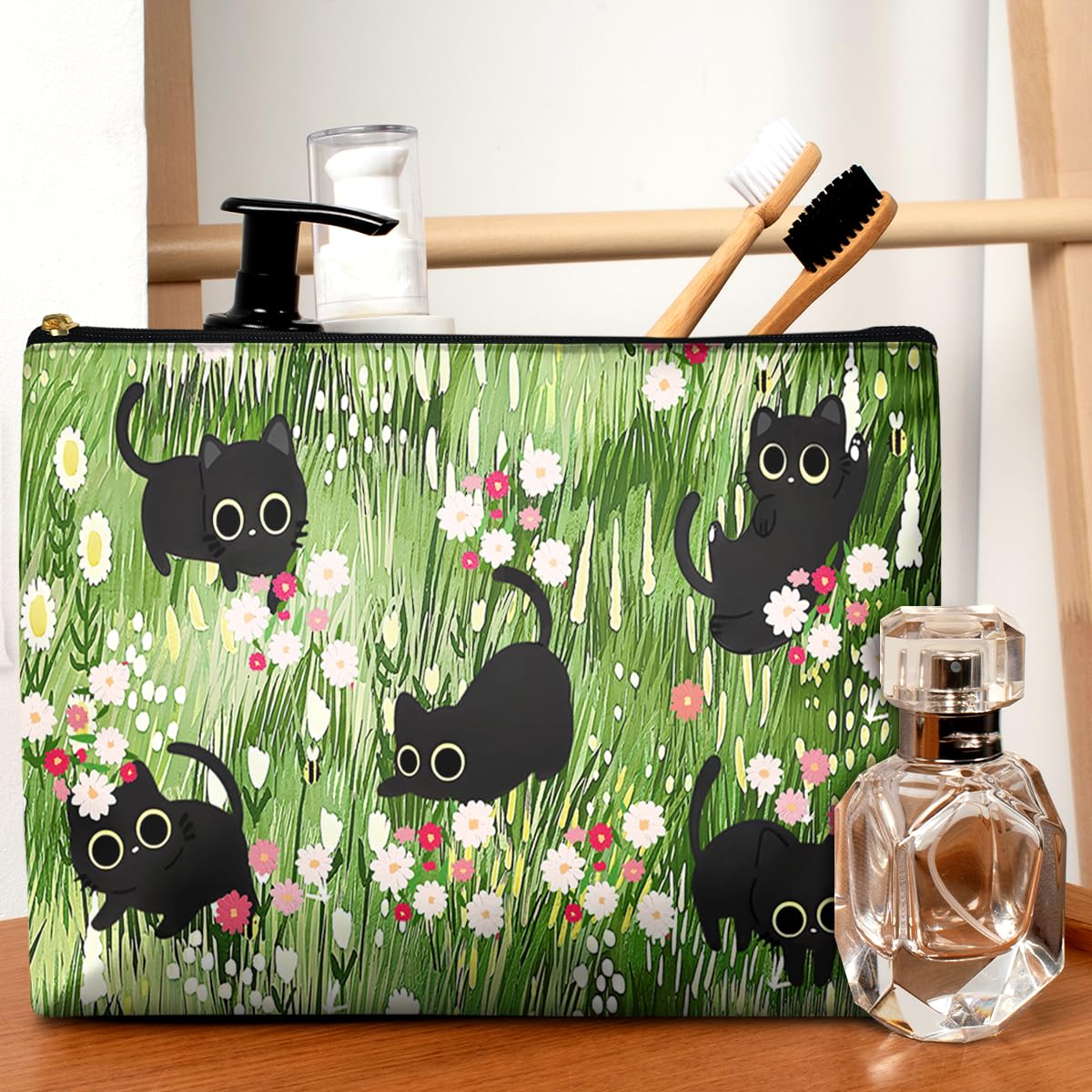 GEGEPINK Cute Makeup Bag for Purse Waterproof Cosmetic Bags for Women Funny Smooth Zipper Travel Toiletry Pouch 10X8 Inches-Black Cat Floral Makeup pouch - thewildfolk GEGEPINK Cute Makeup Bag for Purse Waterproof Cosmetic Bags for Women Funny Smooth Zipper Travel Toiletry Pouch 10X8 Inches-Black Cat Floral Makeup pouch