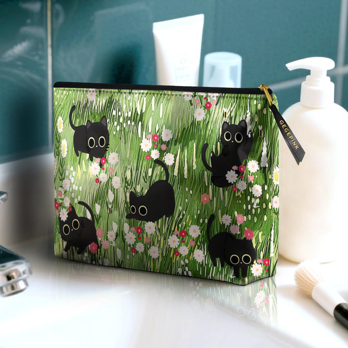 GEGEPINK Cute Makeup Bag for Purse Waterproof Cosmetic Bags for Women Funny Smooth Zipper Travel Toiletry Pouch 10X8 Inches-Black Cat Floral Makeup pouch - thewildfolk GEGEPINK Cute Makeup Bag for Purse Waterproof Cosmetic Bags for Women Funny Smooth Zipper Travel Toiletry Pouch 10X8 Inches-Black Cat Floral Makeup pouch