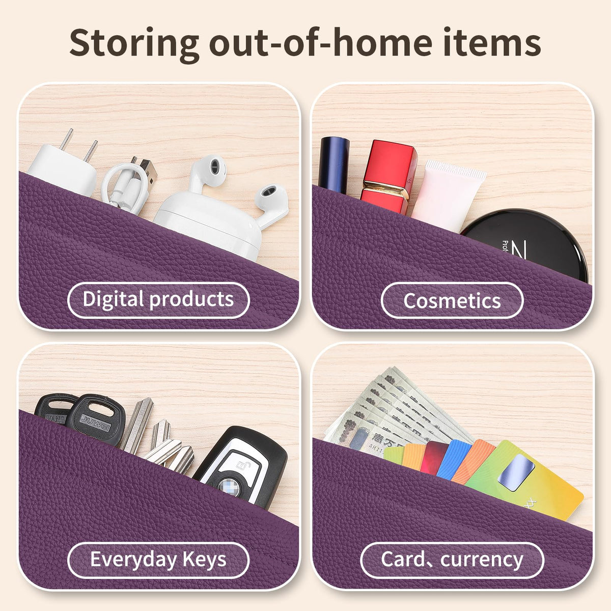 Genuine Leather Pocket Cosmetic Bag for Purse,Coin Purse Lipstick Cosmetic Accessories Travel Pouch for Storage Waterproof Portable No Zipper Self-closing Small Makeup Pouch (Purple) - thewildfolk Genuine Leather Pocket Cosmetic Bag for Purse,Coin Purse Lipstick Cosmetic Accessories Travel Pouch for Storage Waterproof Portable No Zipper Self-closing Small Makeup Pouch (Purple)