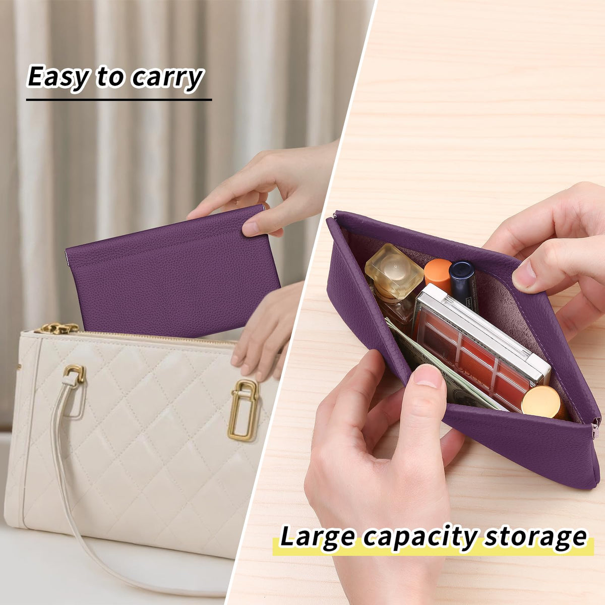 Genuine Leather Pocket Cosmetic Bag for Purse,Coin Purse Lipstick Cosmetic Accessories Travel Pouch for Storage Waterproof Portable No Zipper Self-closing Small Makeup Pouch (Purple) - thewildfolk Genuine Leather Pocket Cosmetic Bag for Purse,Coin Purse Lipstick Cosmetic Accessories Travel Pouch for Storage Waterproof Portable No Zipper Self-closing Small Makeup Pouch (Purple)