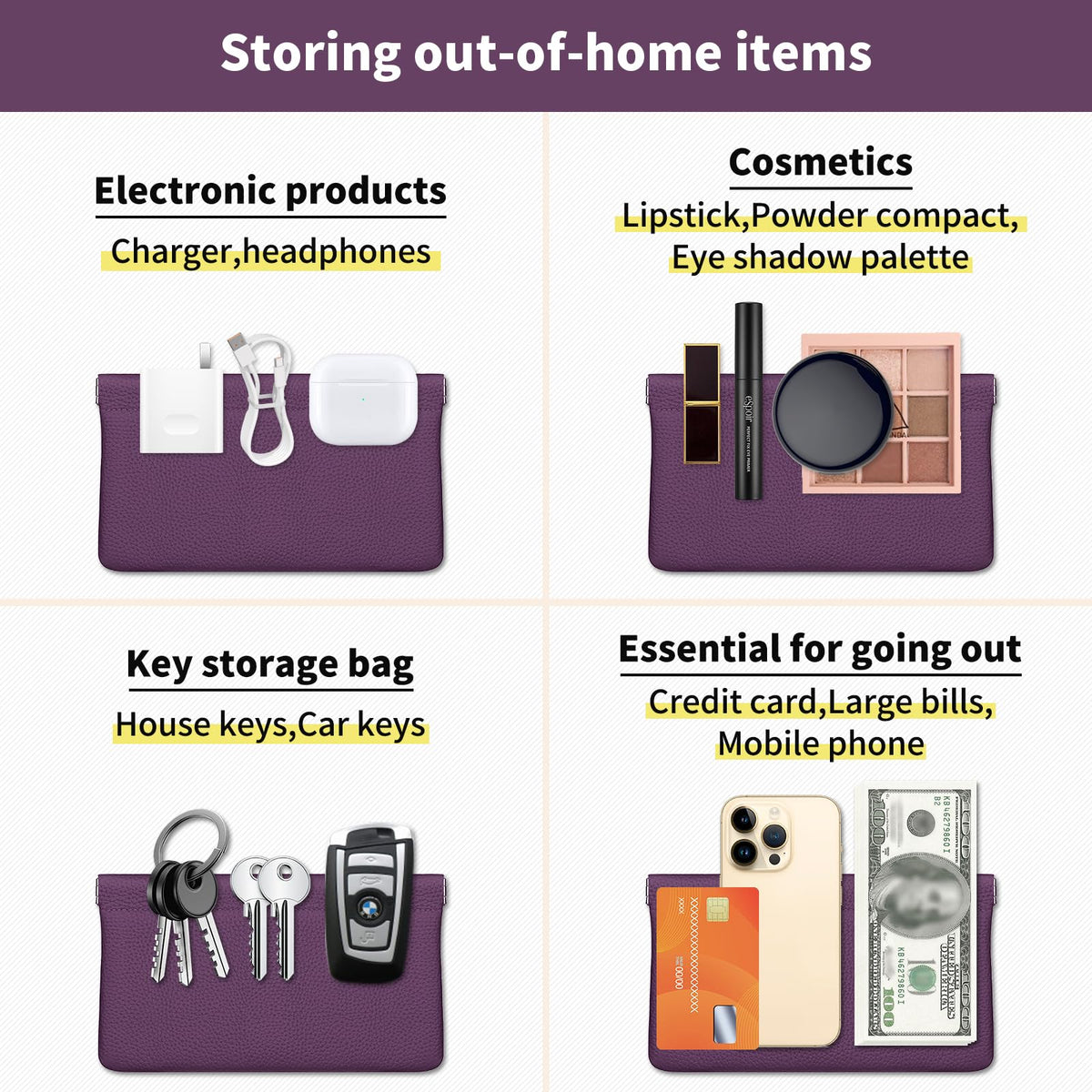 Genuine Leather Pocket Cosmetic Bag for Purse,Coin Purse Lipstick Cosmetic Accessories Travel Pouch for Storage Waterproof Portable No Zipper Self-closing Small Makeup Pouch (Purple) - thewildfolk Genuine Leather Pocket Cosmetic Bag for Purse,Coin Purse Lipstick Cosmetic Accessories Travel Pouch for Storage Waterproof Portable No Zipper Self-closing Small Makeup Pouch (Purple)