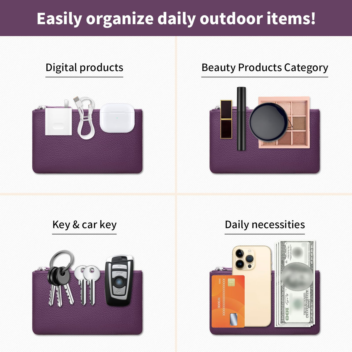 Genuine Leather Zipper Purse, Travel Makeup Bag With Zipper for Men Women Coin Bag Lipstick Cosmetic Accessories Organizer, Travel Kit Storage Pouch (Purple) - thewildfolk Genuine Leather Zipper Purse, Travel Makeup Bag With Zipper for Men Women Coin Bag Lipstick Cosmetic Accessories Organizer, Travel Kit Storage Pouch (Purple)