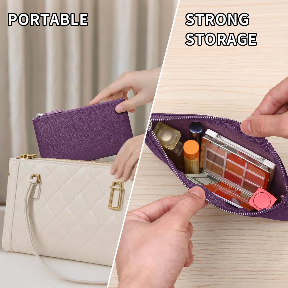Genuine Leather Zipper Purse, Travel Makeup Bag With Zipper for Men Women Coin Bag Lipstick Cosmetic Accessories Organizer, Travel Kit Storage Pouch (Purple) - thewildfolk Genuine Leather Zipper Purse, Travel Makeup Bag With Zipper for Men Women Coin Bag Lipstick Cosmetic Accessories Organizer, Travel Kit Storage Pouch (Purple)