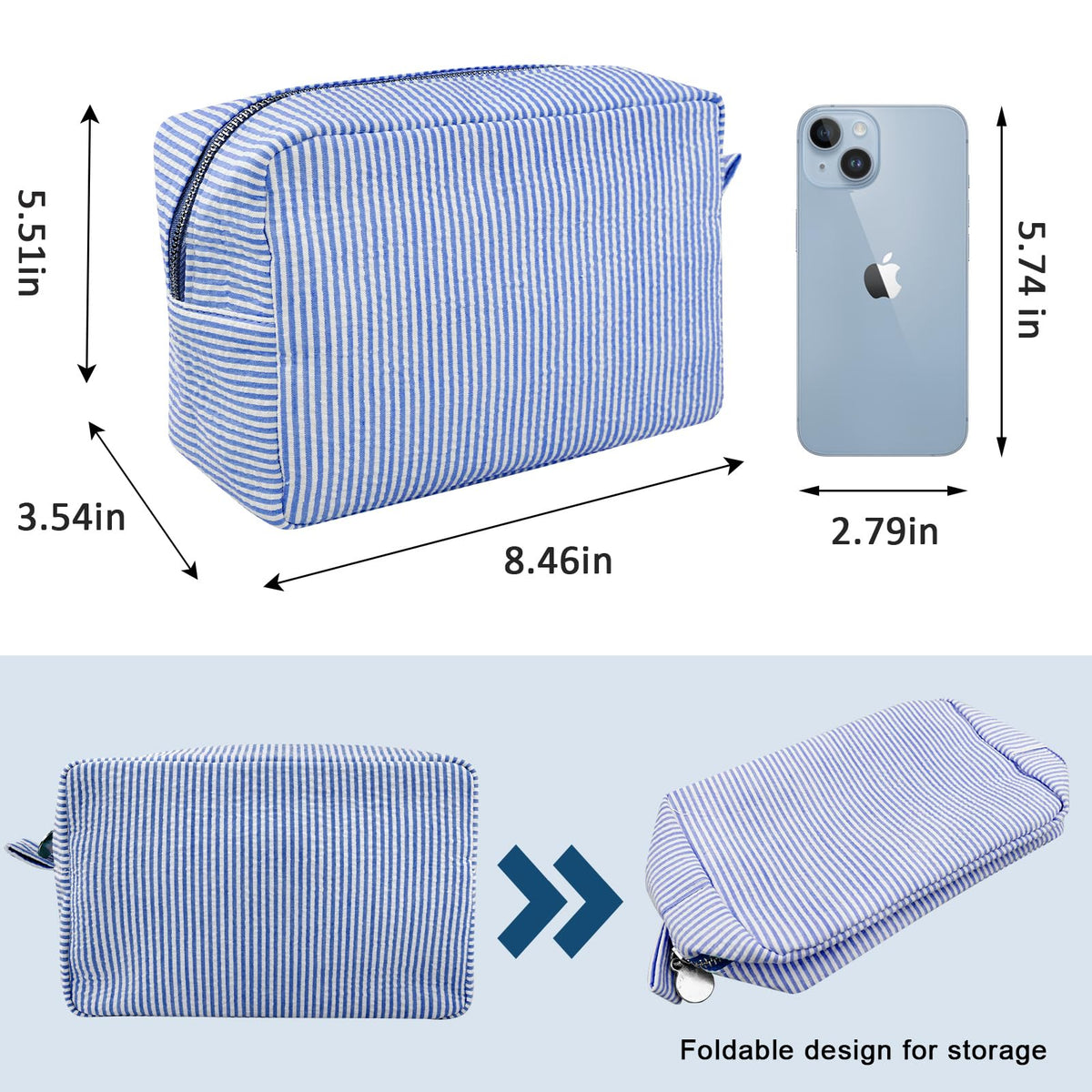 GFU Makeup Bag for Women, Cute Cosmetic Bag, Lightweight Toiletry Make up Bag, Large Seersucker Aesthetic Organizer Storage Pouch for Girls, Women and Moms Gifts, Blue - thewildfolk GFU Makeup Bag for Women, Cute Cosmetic Bag, Lightweight Toiletry Make up Bag, Large Seersucker Aesthetic Organizer Storage Pouch for Girls, Women and Moms Gifts, Blue