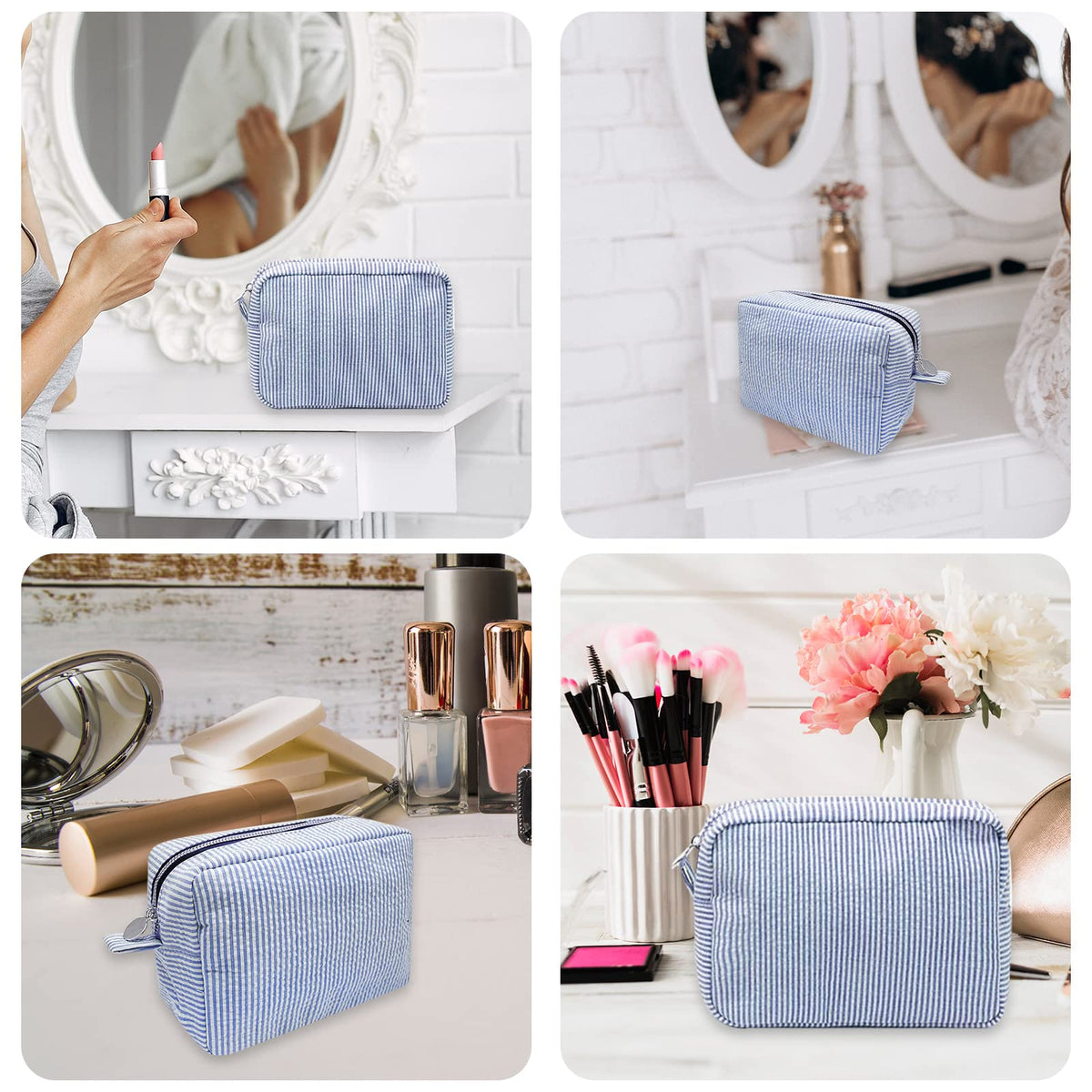 GFU Makeup Bag for Women, Cute Cosmetic Bag, Lightweight Toiletry Make up Bag, Large Seersucker Aesthetic Organizer Storage Pouch for Girls, Women and Moms Gifts, Blue - thewildfolk GFU Makeup Bag for Women, Cute Cosmetic Bag, Lightweight Toiletry Make up Bag, Large Seersucker Aesthetic Organizer Storage Pouch for Girls, Women and Moms Gifts, Blue