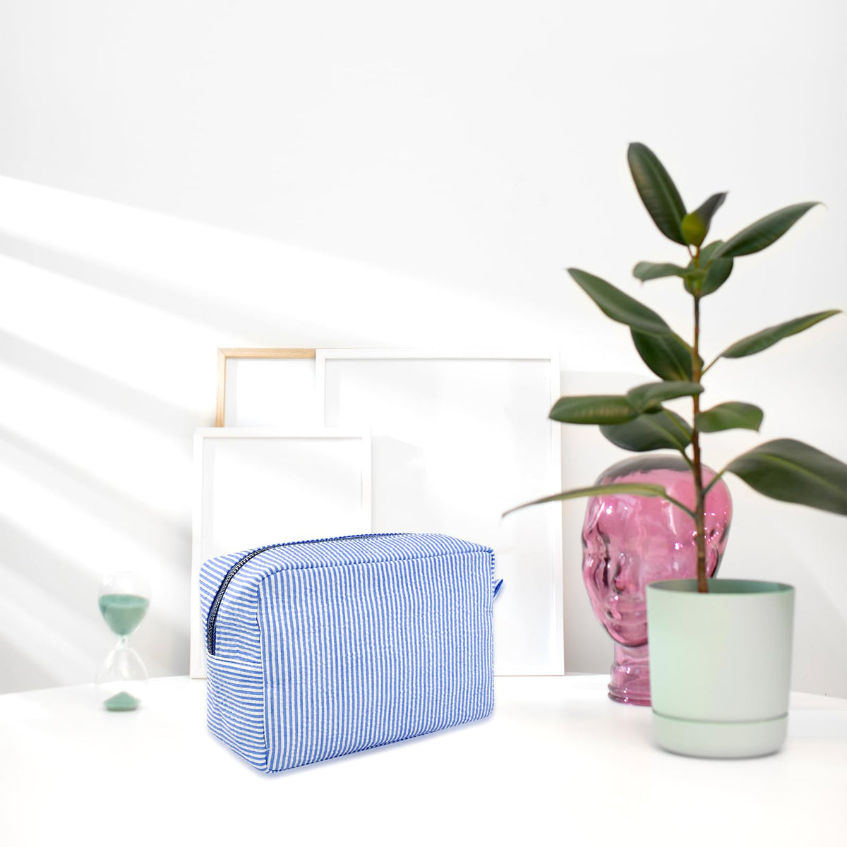 GFU Makeup Bag for Women, Cute Cosmetic Bag, Lightweight Toiletry Make up Bag, Large Seersucker Aesthetic Organizer Storage Pouch for Girls, Women and Moms Gifts, Blue - thewildfolk GFU Makeup Bag for Women, Cute Cosmetic Bag, Lightweight Toiletry Make up Bag, Large Seersucker Aesthetic Organizer Storage Pouch for Girls, Women and Moms Gifts, Blue