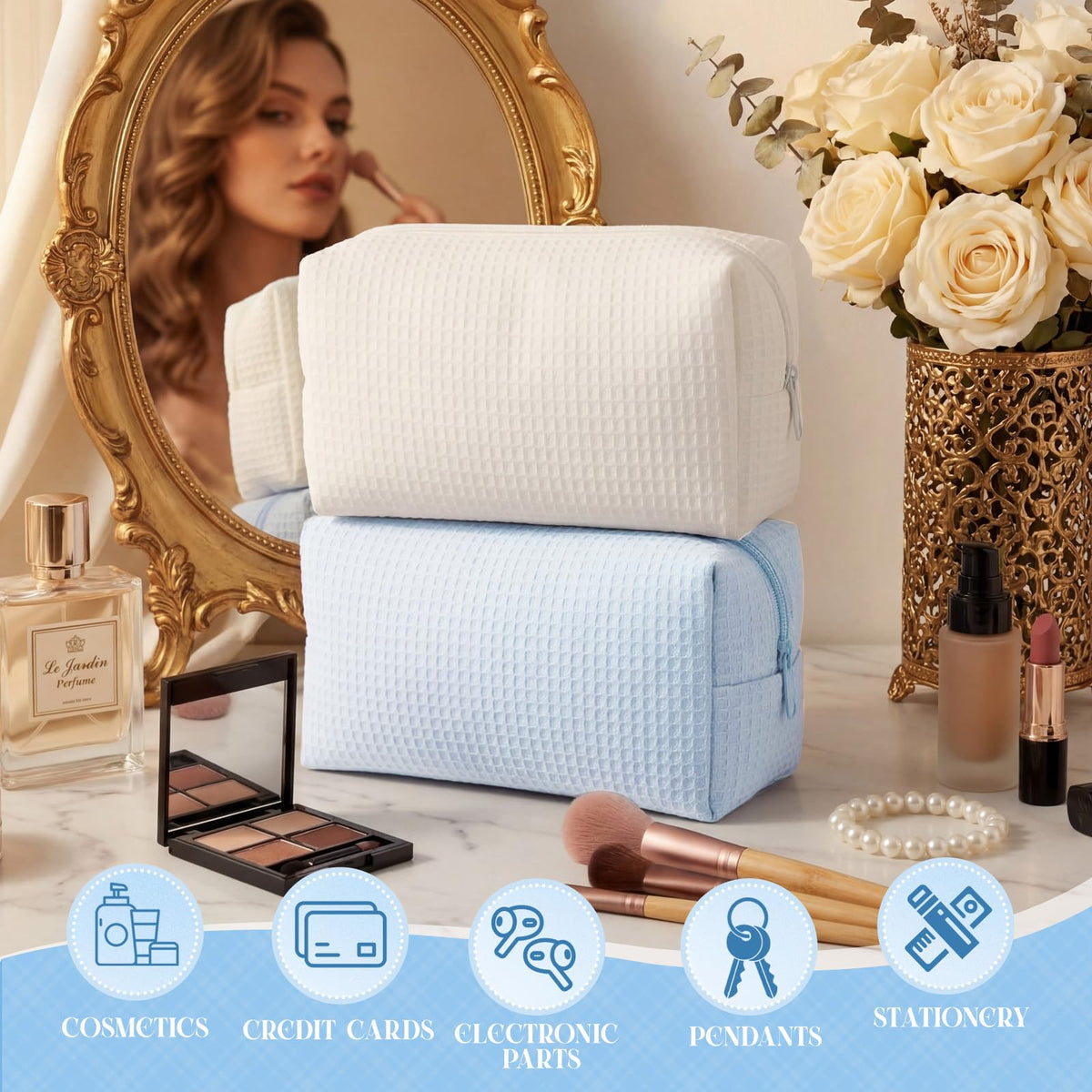 Gilprop 2Pcs Cozy Makeup Bag for Women Portable Travel Waffle Toiletry Bag Wedding Gift Soft Aesthetic Makeup Organizer Large Pouch with Zipper for Bridesmaid Lady Sister Daughter (Blue White,2 Pcs) - thewildfolk Gilprop 2Pcs Cozy Makeup Bag for Women Portable Travel Waffle Toiletry Bag Wedding Gift Soft Aesthetic Makeup Organizer Large Pouch with Zipper for Bridesmaid Lady Sister Daughter (Blue White,2 Pcs)