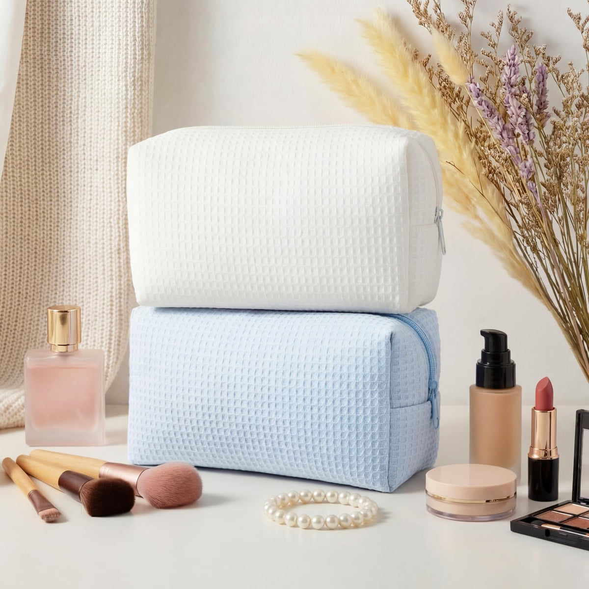 Gilprop 2Pcs Cozy Makeup Bag for Women Portable Travel Waffle Toiletry Bag Wedding Gift Soft Aesthetic Makeup Organizer Large Pouch with Zipper for Bridesmaid Lady Sister Daughter (Blue White,2 Pcs) - thewildfolk Gilprop 2Pcs Cozy Makeup Bag for Women Portable Travel Waffle Toiletry Bag Wedding Gift Soft Aesthetic Makeup Organizer Large Pouch with Zipper for Bridesmaid Lady Sister Daughter (Blue White,2 Pcs)