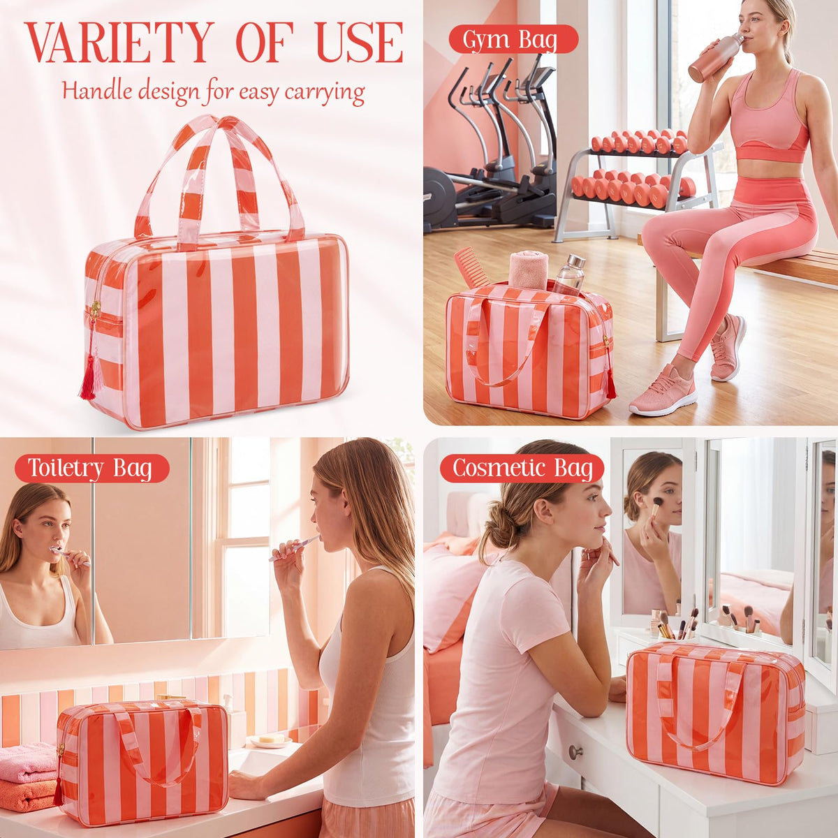 Gilprop 3 Pcs Waterproof Travel Toiletry Bag Clear Coated Stripe Makeup Bag with Handle Portable PVC Large Cosmetic Bags for Women Toiletries Bathroom Essentials Vacation Accessories(Pink-orange) - thewildfolk Gilprop 3 Pcs Waterproof Travel Toiletry Bag Clear Coated Stripe Makeup Bag with Handle Portable PVC Large Cosmetic Bags for Women Toiletries Bathroom Essentials Vacation Accessories(Pink-orange)