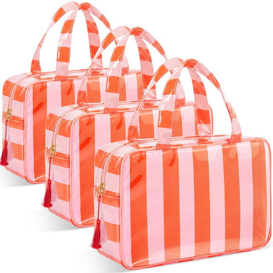 Gilprop 3 Pcs Waterproof Travel Toiletry Bag Clear Coated Stripe Makeup Bag with Handle Portable PVC Large Cosmetic Bags for Women Toiletries Bathroom Essentials Vacation Accessories(Pink-orange) - thewildfolk Gilprop 3 Pcs Waterproof Travel Toiletry Bag Clear Coated Stripe Makeup Bag with Handle Portable PVC Large Cosmetic Bags for Women Toiletries Bathroom Essentials Vacation Accessories(Pink-orange)