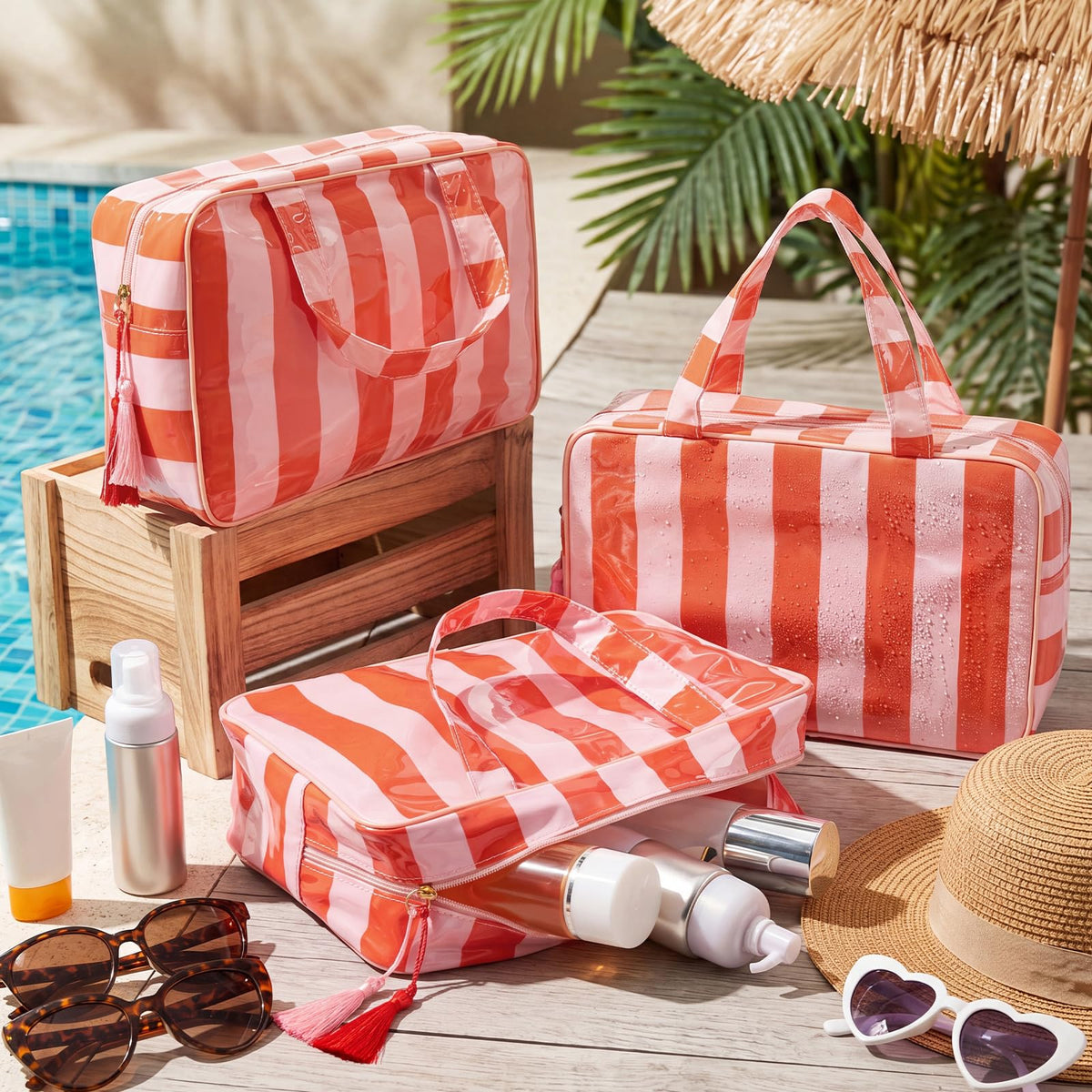 Gilprop 3 Pcs Waterproof Travel Toiletry Bag Clear Coated Stripe Makeup Bag with Handle Portable PVC Large Cosmetic Bags for Women Toiletries Bathroom Essentials Vacation Accessories(Pink-orange) - thewildfolk Gilprop 3 Pcs Waterproof Travel Toiletry Bag Clear Coated Stripe Makeup Bag with Handle Portable PVC Large Cosmetic Bags for Women Toiletries Bathroom Essentials Vacation Accessories(Pink-orange)