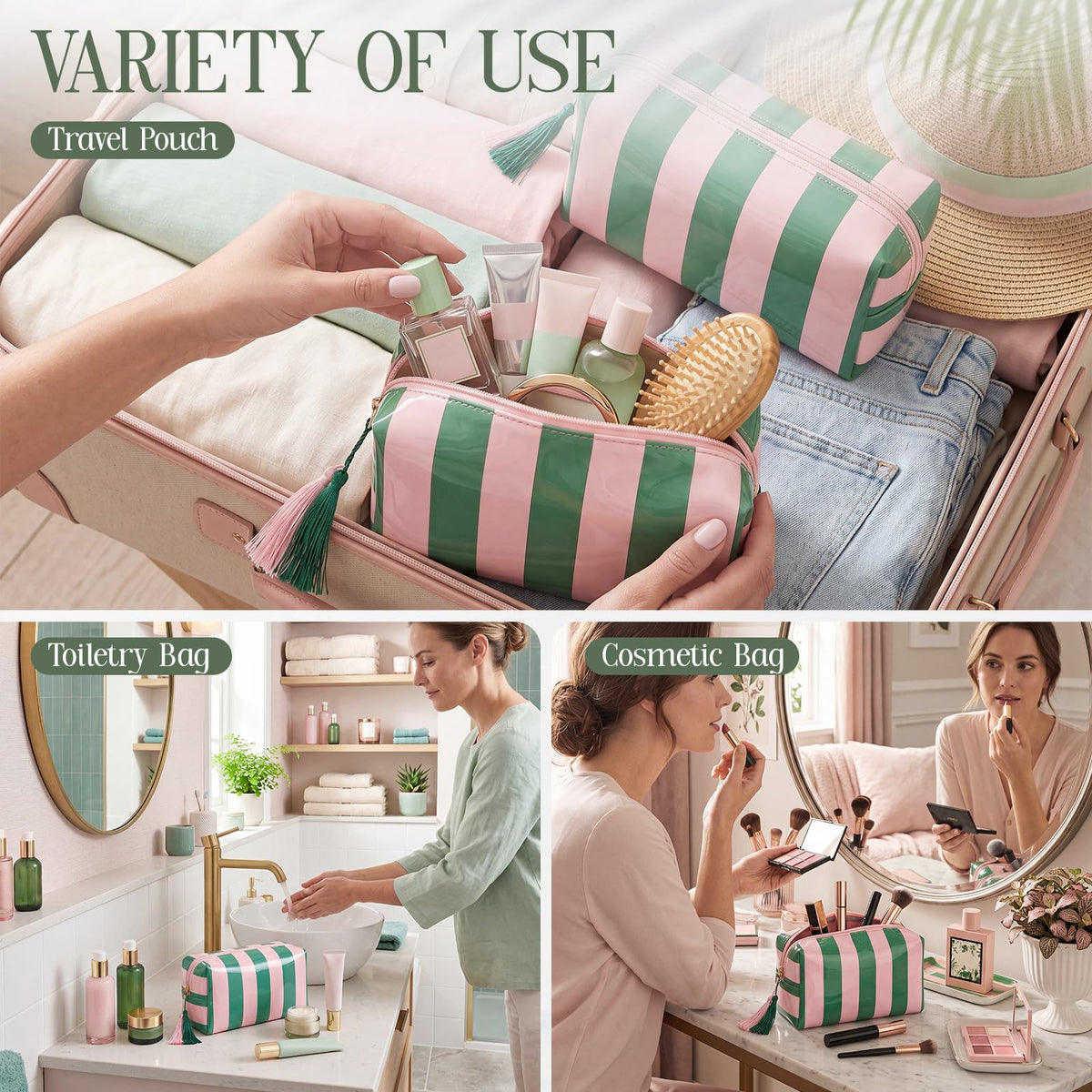 Gilprop 6 Pcs Waterproof Striped Makeup Bag Bulk for Women Pink Green PVC Travel Cosmetic Bag with Tassel Clear Coated Toiletry Organizer Beach Zipper Pouch for Pool Bathroom Vacation Bridal Showers - thewildfolk Gilprop 6 Pcs Waterproof Striped Makeup Bag Bulk for Women Pink Green PVC Travel Cosmetic Bag with Tassel Clear Coated Toiletry Organizer Beach Zipper Pouch for Pool Bathroom Vacation Bridal Showers
