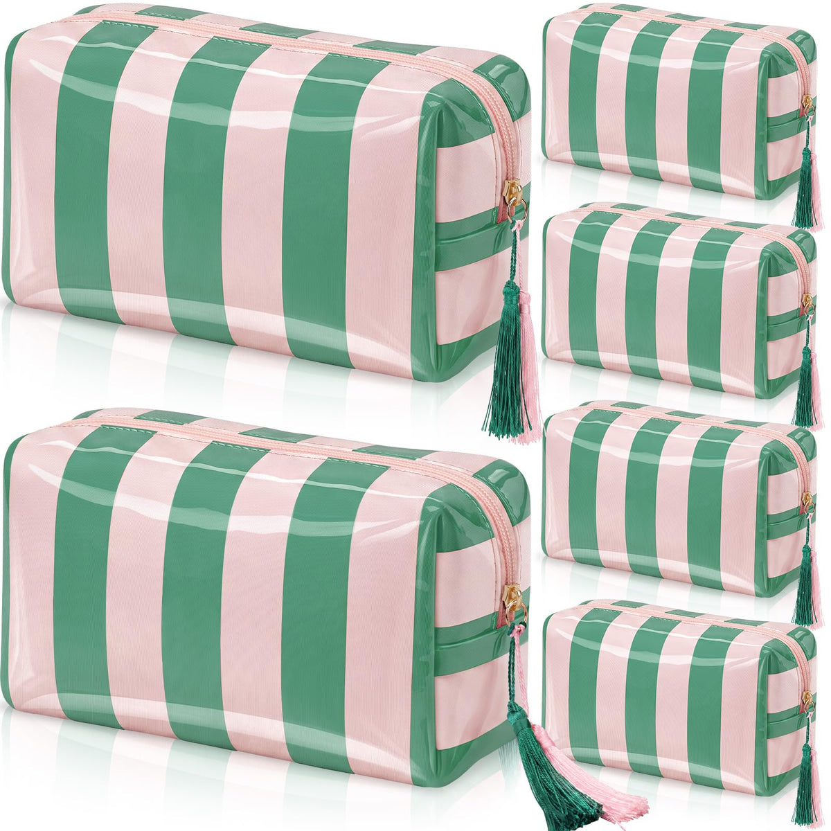 Gilprop 6 Pcs Waterproof Striped Makeup Bag Bulk for Women Pink Green PVC Travel Cosmetic Bag with Tassel Clear Coated Toiletry Organizer Beach Zipper Pouch for Pool Bathroom Vacation Bridal Showers - thewildfolk Gilprop 6 Pcs Waterproof Striped Makeup Bag Bulk for Women Pink Green PVC Travel Cosmetic Bag with Tassel Clear Coated Toiletry Organizer Beach Zipper Pouch for Pool Bathroom Vacation Bridal Showers