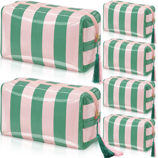Gilprop 6 Pcs Waterproof Striped Makeup Bag Bulk for Women Pink Green PVC Travel Cosmetic Bag with Tassel Clear Coated Toiletry Organizer Beach Zipper Pouch for Pool Bathroom Vacation Bridal Showers - thewildfolk Gilprop 6 Pcs Waterproof Striped Makeup Bag Bulk for Women Pink Green PVC Travel Cosmetic Bag with Tassel Clear Coated Toiletry Organizer Beach Zipper Pouch for Pool Bathroom Vacation Bridal Showers