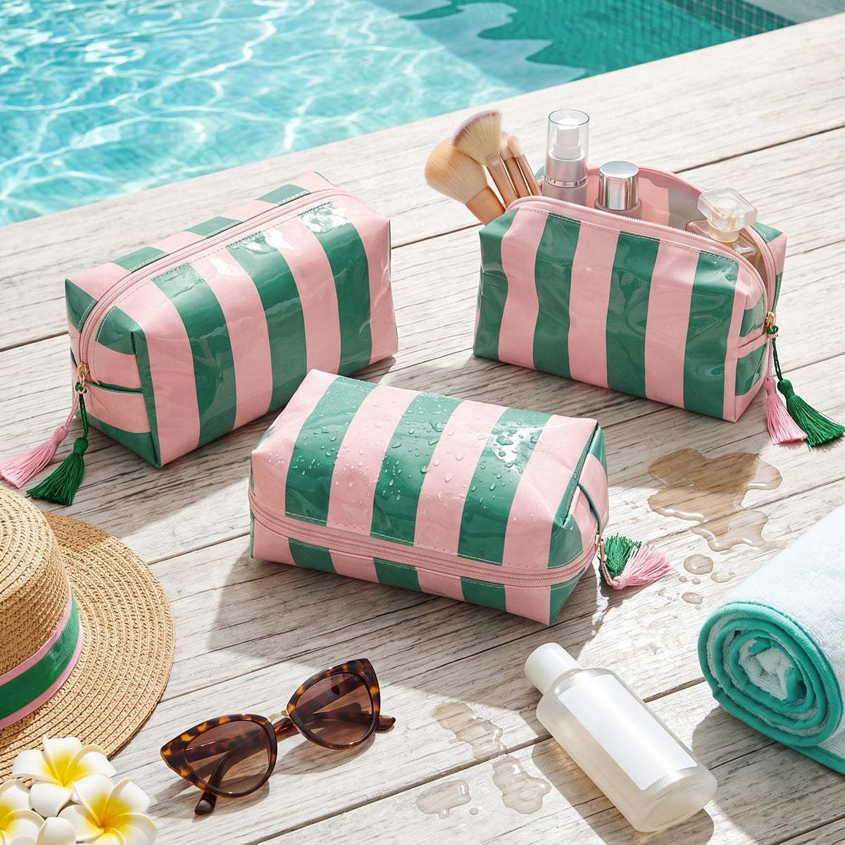 Gilprop 6 Pcs Waterproof Striped Makeup Bag Bulk for Women Pink Green PVC Travel Cosmetic Bag with Tassel Clear Coated Toiletry Organizer Beach Zipper Pouch for Pool Bathroom Vacation Bridal Showers - thewildfolk Gilprop 6 Pcs Waterproof Striped Makeup Bag Bulk for Women Pink Green PVC Travel Cosmetic Bag with Tassel Clear Coated Toiletry Organizer Beach Zipper Pouch for Pool Bathroom Vacation Bridal Showers