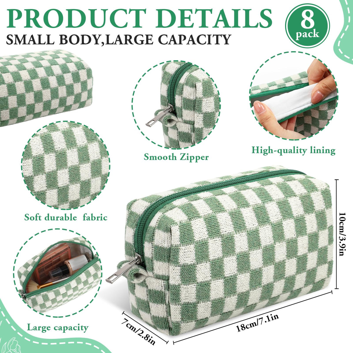 Gilprop 8 Pcs Checkered Makeup Bag Small Cosmetic Pouch Bulk,Green - thewildfolk Gilprop 8 Pcs Checkered Makeup Bag Small Cosmetic Pouch Bulk,Green