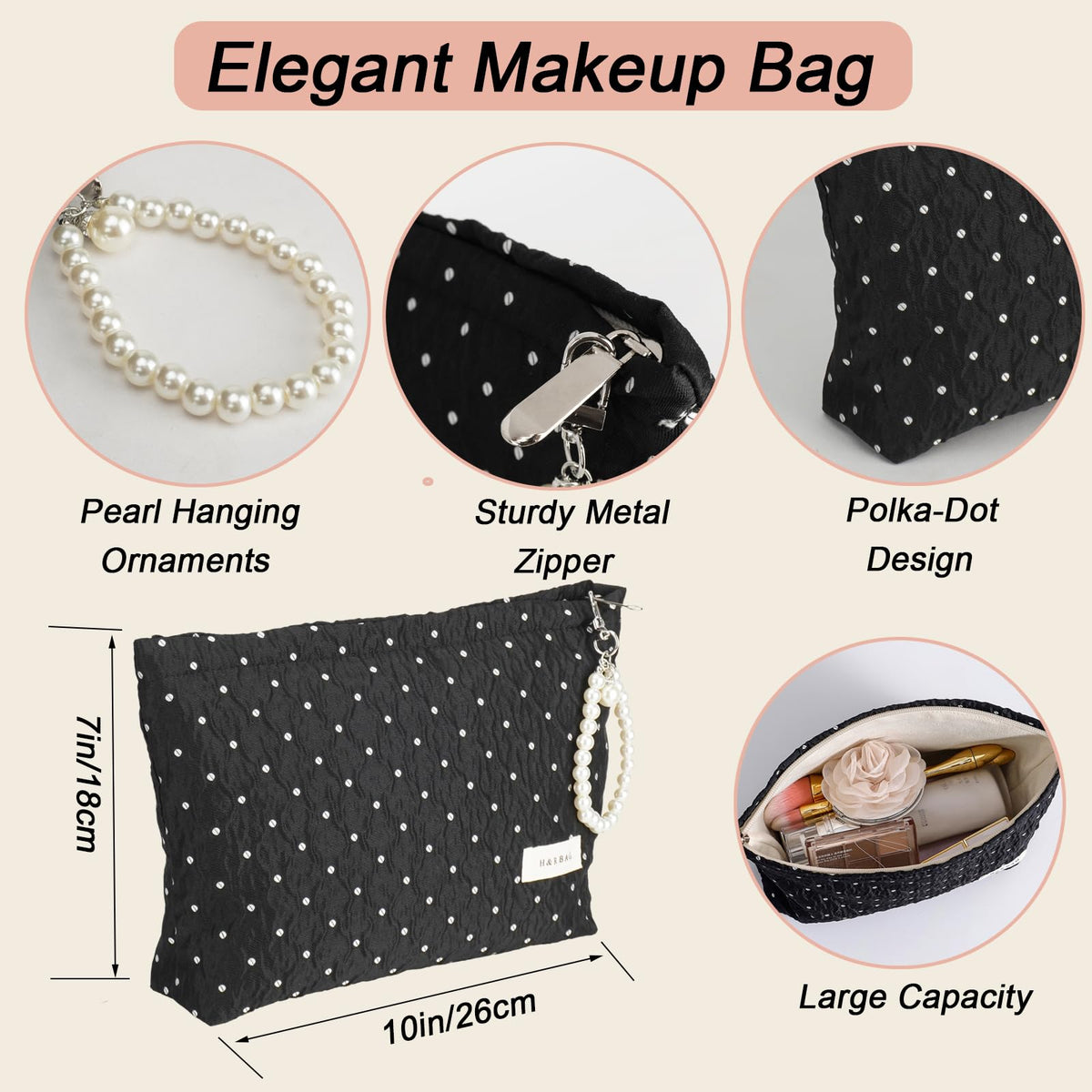giteo bedding Makeup Bag, Travel Portable Cosmetic Bags for Women Girls, Elegant Polka Dot Make Up Case with Pearl Charm, Large Capacity Toiletry Organizer, Daily Use Pouches for Purse - thewildfolk giteo bedding Makeup Bag, Travel Portable Cosmetic Bags for Women Girls, Elegant Polka Dot Make Up Case with Pearl Charm, Large Capacity Toiletry Organizer, Daily Use Pouches for Purse