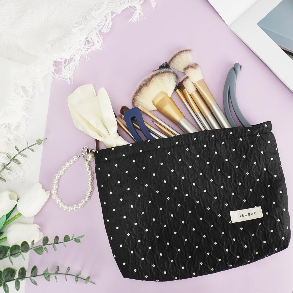 giteo bedding Makeup Bag, Travel Portable Cosmetic Bags for Women Girls, Elegant Polka Dot Make Up Case with Pearl Charm, Large Capacity Toiletry Organizer, Daily Use Pouches for Purse - thewildfolk giteo bedding Makeup Bag, Travel Portable Cosmetic Bags for Women Girls, Elegant Polka Dot Make Up Case with Pearl Charm, Large Capacity Toiletry Organizer, Daily Use Pouches for Purse