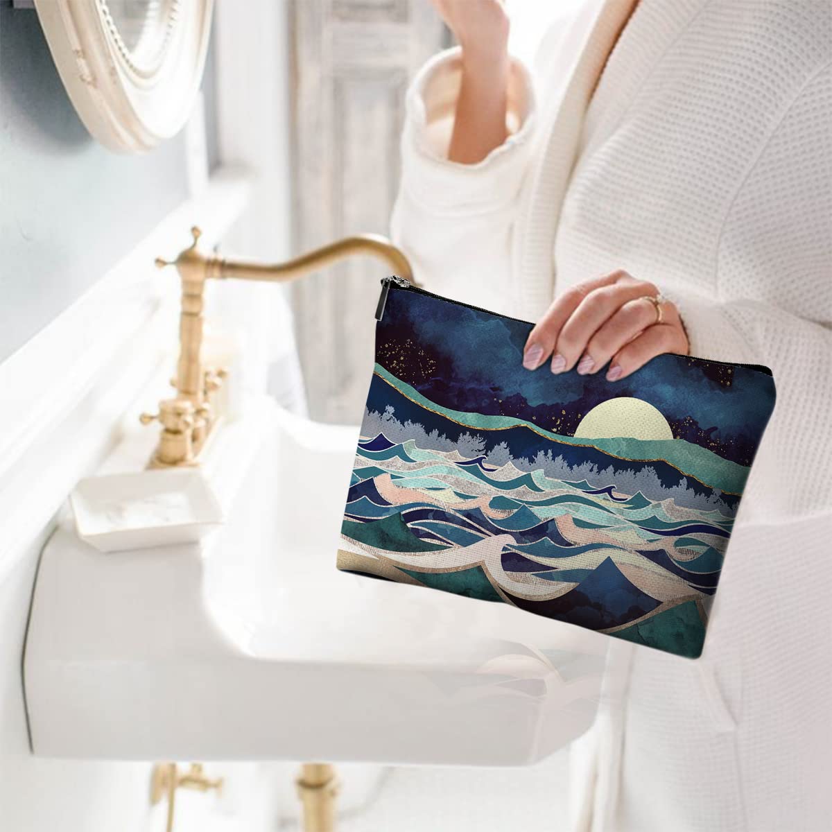 Givotin Cute Makeup Bag for Purse Canvas Waterproof Funny Cosmetic Bags for Women Zipper Travel Toiletry Pouch-Mountain Makeup Bags-Blue - thewildfolk Givotin Cute Makeup Bag for Purse Canvas Waterproof Funny Cosmetic Bags for Women Zipper Travel Toiletry Pouch-Mountain Makeup Bags-Blue