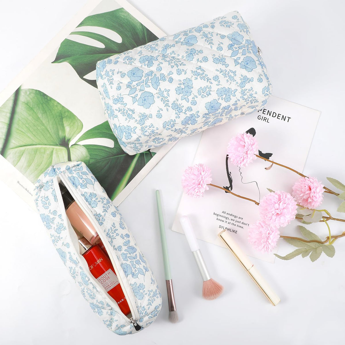 Gocvo 3 Pcs Makeup Bag Cosmetic Bag Set for Girls Women Checkered Travel Organizer Bathroom Toiletry Pouch Large Capacity Storage Bag(Blue Flower) - thewildfolk Gocvo 3 Pcs Makeup Bag Cosmetic Bag Set for Girls Women Checkered Travel Organizer Bathroom Toiletry Pouch Large Capacity Storage Bag(Blue Flower)