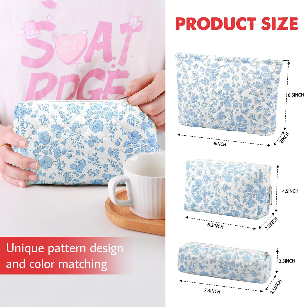 Gocvo 3 Pcs Makeup Bag Cosmetic Bag Set for Girls Women Checkered Travel Organizer Bathroom Toiletry Pouch Large Capacity Storage Bag(Blue Flower) - thewildfolk Gocvo 3 Pcs Makeup Bag Cosmetic Bag Set for Girls Women Checkered Travel Organizer Bathroom Toiletry Pouch Large Capacity Storage Bag(Blue Flower)