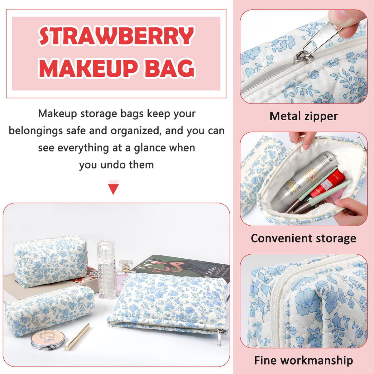 Gocvo 3 Pcs Makeup Bag Cosmetic Bag Set for Girls Women Checkered Travel Organizer Bathroom Toiletry Pouch Large Capacity Storage Bag(Blue Flower) - thewildfolk Gocvo 3 Pcs Makeup Bag Cosmetic Bag Set for Girls Women Checkered Travel Organizer Bathroom Toiletry Pouch Large Capacity Storage Bag(Blue Flower)